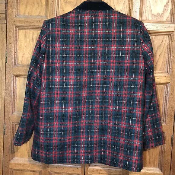 Vintage Sag Harbor Blazer Women's 14 Red Tartan Plaid Gold Thread 90s Wool Blend - Picture 10 of 12